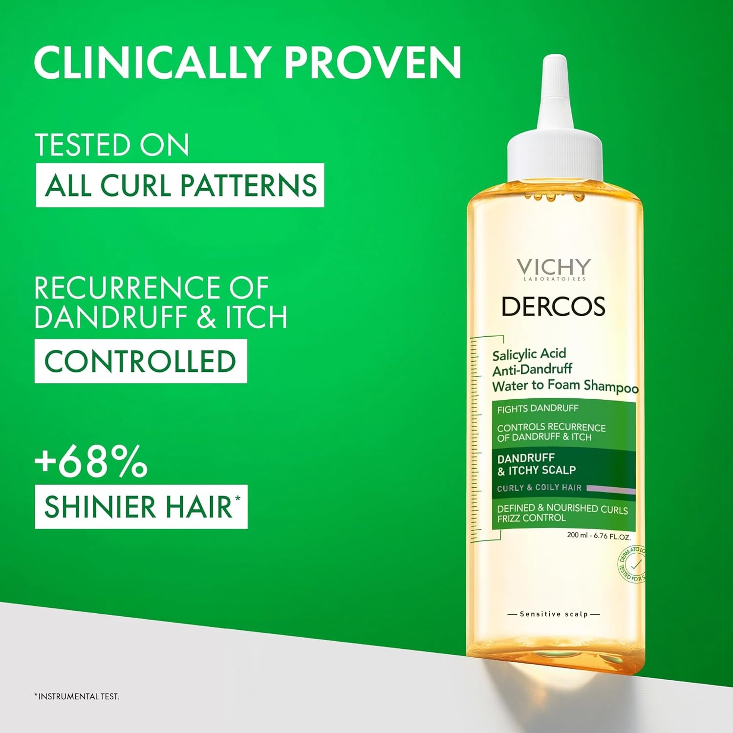 image:imageVICHY Dercos Salicylic Acid Anti Dandruff Shampoo 200 ml Water to Foam Dandruff Shampoo and Itchy Scalp Treatment Provides Definition amp Frizz Control for Curly Hair Types Sulfate Free
